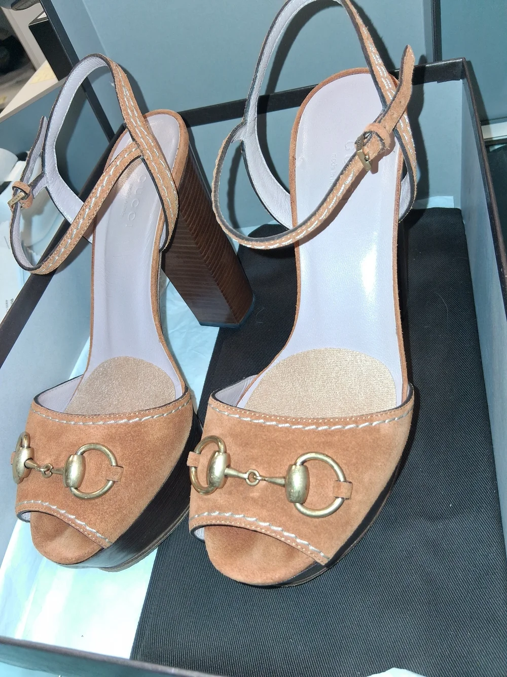 Gucci Camel Brown Suede Horsebit Platform Sandals with Wooden Block Heel /Box